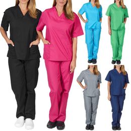 Damesbroek Capri Effen Kleur Unisex Heren Dames Korte mouw V-hals Verpleegkundigen Scrubs Tops + broek Verpleging Werken Uniform Set Pak Gezondheid Ser1
