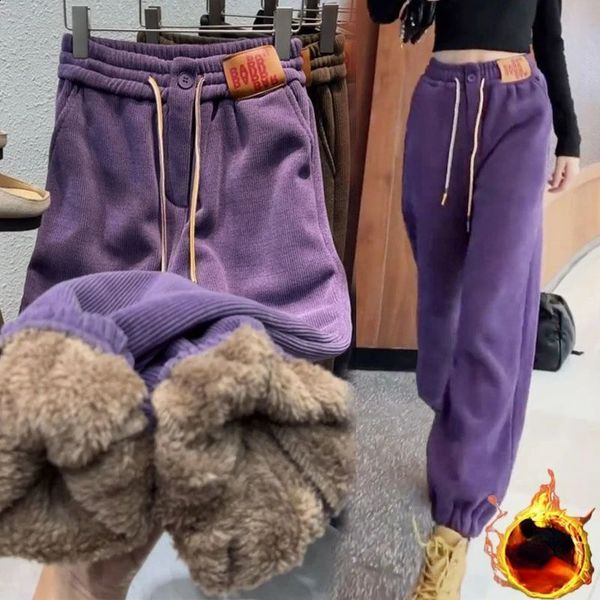 Pantalones para mujer Capris Abrigo de lana gruesa Forro de aislamiento al aire libre Pantalones de harén para correr Cintura de invierno atada Moda Deportes de felpa coreanos 231214