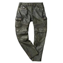 Pantalon femme Capris Vintage armée vert hommes pantalon en cuir véritable peau de vache moto hommes pantalon Calca Masculina pantalons Hombre 231218