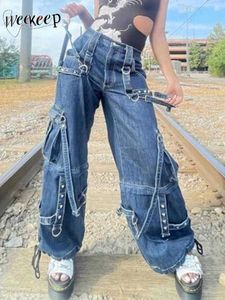 Pantalon femme Capris Weekeep 90s Streetwear jambe large jean ruban grande poche Baggy Cargo pantalon décontracté y2k Denim pantalon femmes mode coréenne Hip Hop L230310