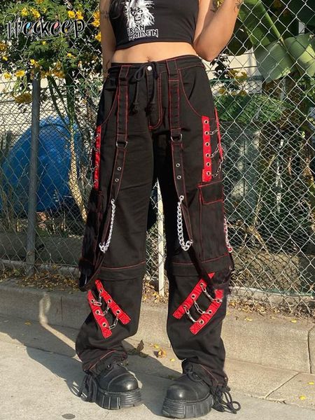 Pantalon Femme Capris Weekeep Punk Jambe Large Streetwear Taille Basse Baggy Gothique Cargo Coréen Hip Hop Patchwork Pantalon Décontracté Femme Harajuku 230516