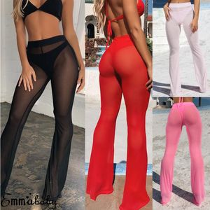 Damesbroeken capris vrouwen sexy strand pure mesh zie door transparante hoge elastische taille bikini bedek zwemkleding belembodem flare broek broek 230406