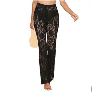 Damesbroeken Capri's Dames Y Kant Doorzichtige pure mesh Hoge taille Rekbare slanke broek Hol Skinny Flare Bell-Bot Drop Deliver Otdyc