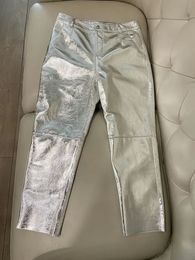 Pantalons pour femmes Capris Y2k style pantalon cargo en cuir véritable pour femmes taille haute mode coréenne vêtements de rue pantalon argent brillant 231118