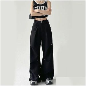 Pantalons Femmes Capris Zoki Y2K Noir Cargo Femmes Vintage Lâche Large Jambe Plissée Pantalon Taille Haute Streetwear Coréen Chic Casual Droite Dh6X1