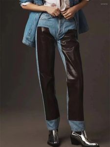 Pantalons pour femmes automne et hiver en cuir Pu épissage jean droit en coton de haute qualité Y2k Street Beat