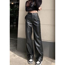 Pantalon femme s noir Vintage droit taille haute en cuir mode américaine Streetwear pantalon décontracté jambe large 230225