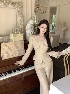 Damesbroek past elegante tweedelige set slanke tweed outfits hoge taille lange broek vierkante kraag cropped jas vrouwelijk