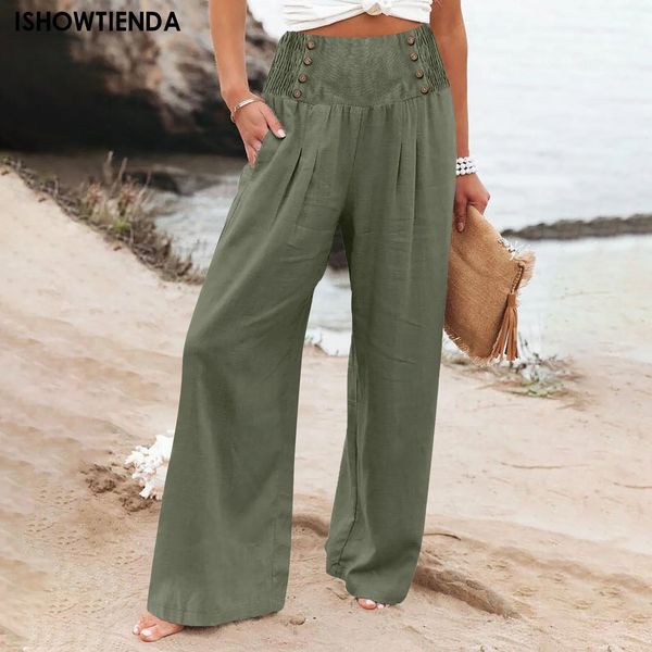 Pantalon d'été en coton et lin pour femmes, jambes larges, pleine longueur, décontracté, couleur unie, ample, taille haute, droit, bouton, 240202