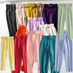 Pantalon femme pantalon taille haute pantalon de bureau décontracté avec ceinture pantalon droit pantalon de survêtement violet Capris