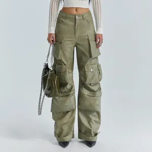 Pantalon féminin Femmes Capris 2023 Automne Multi Pockets High Waist Le cuir Pantal