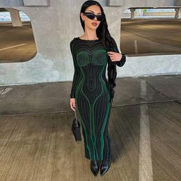 Dames feestjurken Europese en Amerikaanse gedrukte Backless Slim Round Round Round Neck Jurk met lange mouwen groen 3D -effect bedrukte jurk