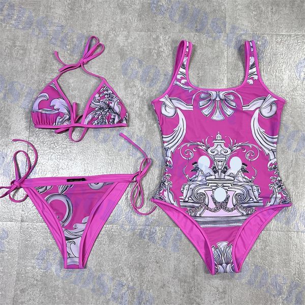 Bikini rosa para mujer, traje de baño con patrón Vintage, traje de baño de una pieza para mujer, traje de baño dividido con correa