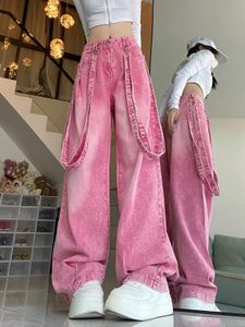 Dames roze dopamine vrachtbroek schouderbanden hoge taille chique jeans Harajuku straat wide been denim broek voorjaar herfst 240419