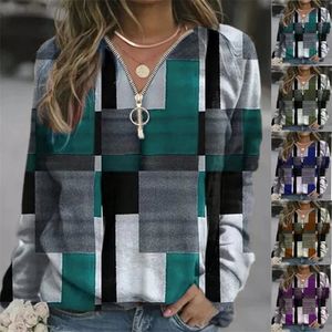 Dames plaid patchwork sweatshirts tops lente herfst zipper kraag lange mouw pullovers vrouwelijke vintage streetwears kleding 220816