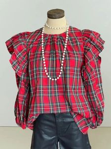 Blusa estampada a cuadros para mujer, blusa plisada con volantes hermosos, blusas de manga larga con cuello redondo, camisa 240306
