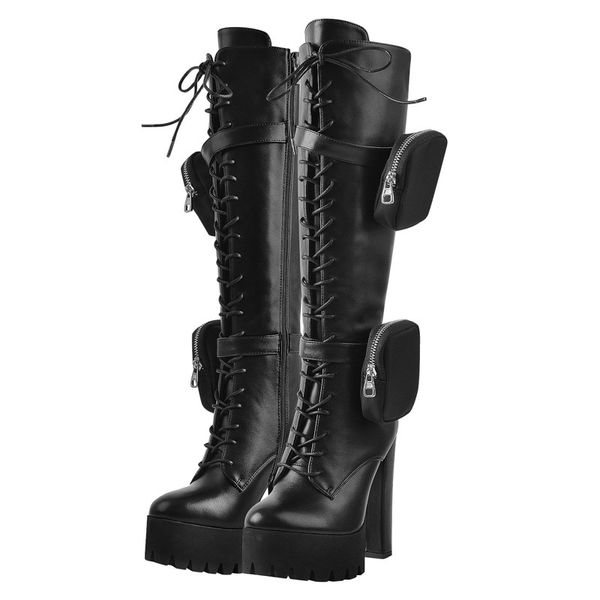 Botas con plataforma para mujer, color negro mate, con cremallera lateral frontal y cordones hasta la rodilla, botas largas clásicas de moda para mujer de talla grande