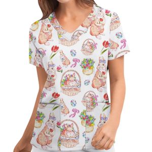Femmes bord plissé taille lapin imprimé animal femmes Pâques T-shirt à manches courtes col en V Y2k T-shirt basique haut adulte printemps vêtements 240227