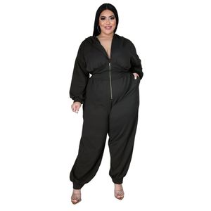 Combinaisons à capuche pour femmes grande taille barboteuses une pièce pantalons chemisiers chemises ht2754 chemise à capuche décontractée en polyester à manches longues de couleur pure avec ensembles de pantalons longs L-4XL