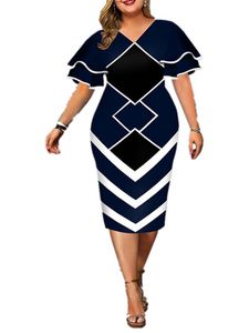 Grote maten damesjurken Bodycon Elegante geometrische print Avondfeestjurk Gelaagde klokmouwen Casual cluboutfits