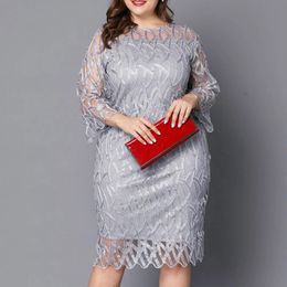 Robes grande taille en dentelle pour femmes, manches 34, robe de soirée, robe de cocktail, col rond, ajouré, 240312