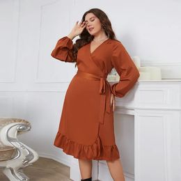 Femmes grande taille à manches longues lanterne Swing robe mi-longue col en V Wrap ceinturé une ligne à volants garniture cravate côté Robe couleur unie vêtements 240202