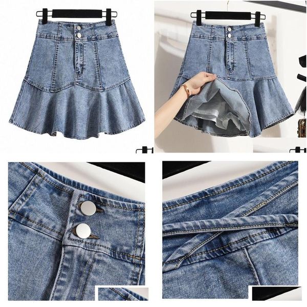 Pantalones de talla grande para mujeres L-5XL Y2K Denim Una falda de línea para mujeres Fi de cintura alta FI Summer Pleated Jean Skirts Vintage Corea Corea Z Dhyyc