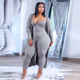 Dames plus size broek loungewear vrouwen sexy outfits tweedelig sets geribbelde slip jumpsuits en lange mouw jas groothandel druppel 230302