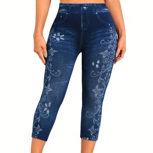 Leggings sportifs pour femmes en taille plus dame surdimensive denim imprimé floral haut rige maigre légère pantalon serré extensible 240411