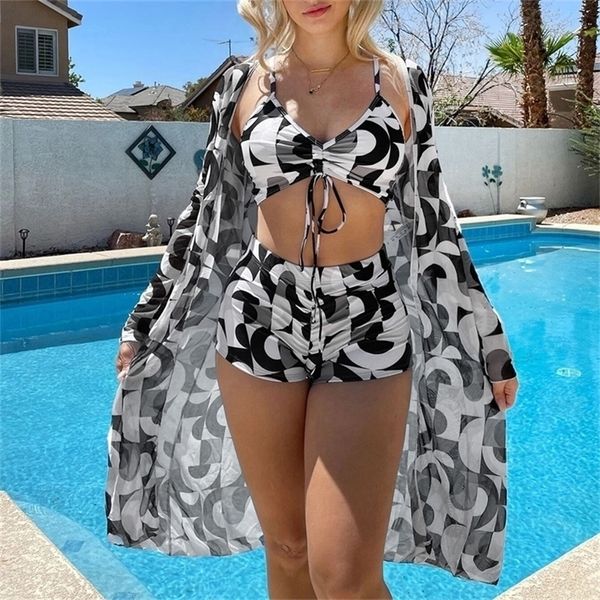 Traje de baño de talla grande para mujer, conjunto de Bikini sexy de 3 piezas, traje de baño para cubrir, traje de baño para mujer con Control de barriga, manga larga, ropa de playa, traje de baño, envío gratuito 230719