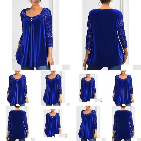 Camiseta de talla grande para mujer Camiseta Royal Royal Veet Veet Splity Sequin Patchwork cuadrado Plegable Nochebuena P4SC Drop de entrega Dhcum Dhcum