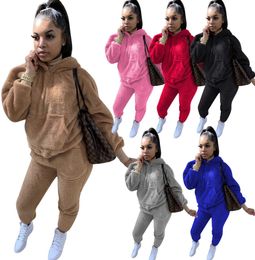 Femmes en peluche chaud moelleux survêtements automne maison deux pièces ensemble décontracté Teddy à manches longues sweat à capuche Joggers pantalon costume Outdoo4667940