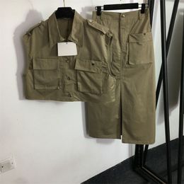 Bolsillo para mujer conjuntos de vestidos de dos piezas moda verano sin mangas verde militar trajes de bolsillo chaleco tops + faldas hasta los tobillos divididas ropa fresca mujer ropa de mujer