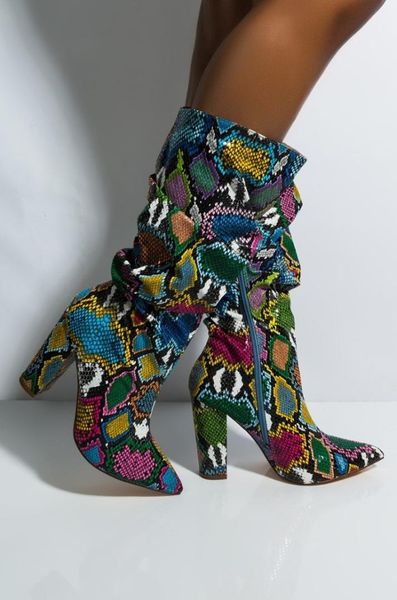 Femmes bout pointu mi-mollet bottes Python serpent motif couleurs mélangées côté fermeture éclair bloc talons épais chaussures mode A1238