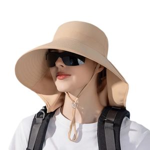 Chapeaux de queue de cheval pour femmes Long Wide Brim Fisherman Caps Summer UV Protection du cou Soleil Feme Feme Feme Outdoor Beach Cap 240515