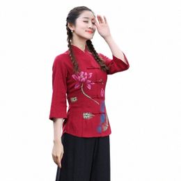 Impression populaire pour femmes Restaurer chemise ancienne Chinois traditionnel Tops Qipao Chegsam Style Chemise Blouse Cott Linen Top h3af #