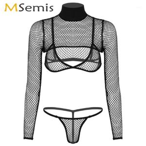 Dames Porno Stripper Outfit Transparant Pole Dance Visnet Lingerie Set Clubwear Lange Mouw Bolero Tee met Driehoek Bh Slips1224p