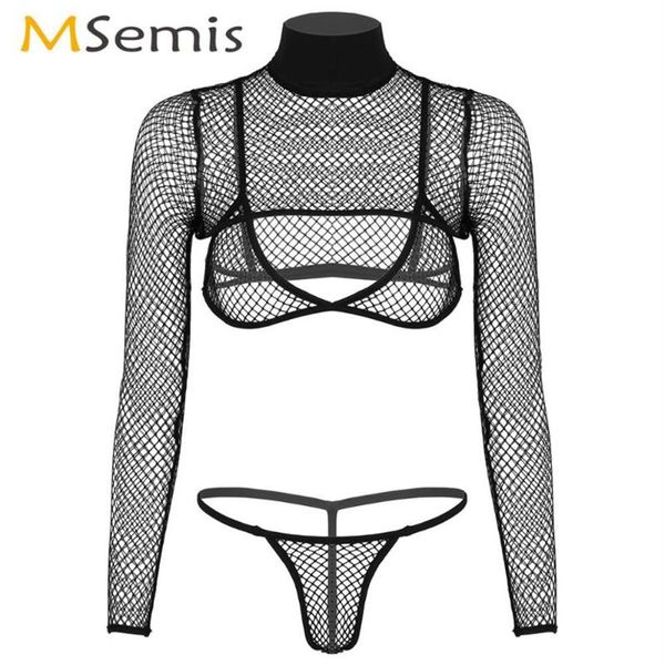 Femmes Porno Stripper Outfit Transparent Pole Dance Résille Lingerie Ensemble Clubwear Manches Longues Haussement D'épaules avec Triangle Soutien-Gorge Briefs201i