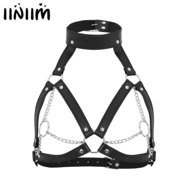 Para mujer de cuero de la PU BDSM sexo cuerpo sujetadores arnés pezones abiertos jaula Bralette Correa hebillas ORings cadena borla cinturón de pecho Steampunk8027556