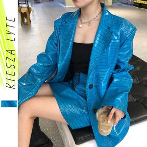 Femmes PU Cuir Veste Printemps Bleu Alligator Print Prince Notched Longue Sleeve Suit Blazer Fashion High Street Vêtements 210608