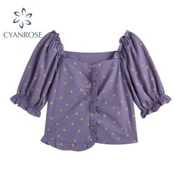 Femmes Purple Crop Blouses Summer Slash Cou Sexy Puff Sleeve Ruffle Design Mori Girl Shirts Tops Rétro Élégant Y2K Blusas 210430