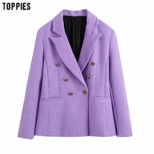 Femmes Purple Twill Tweed Veste Blazer Dames Bouton Formel Vintage Slim Manteau Vêtements 210421