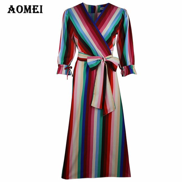 Femmes Rainbow Stripe Wrap Robe Manches Dames Mode Élégant Bureau Porter Été Plus Taille XXL Robes Tunique avec Ceintures Robes 210416