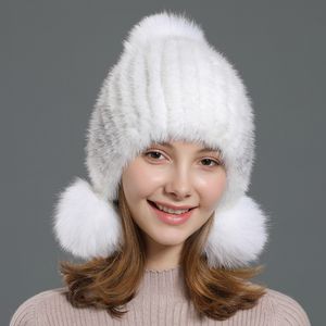 Dames echte nertsen bont hoed gebreide beanie winter warme oorbanden met echt vossen bont ball cap cadeau
