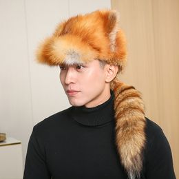 Chapeau en vraie fourrure de renard rouge pour femmes, Ushanka russe, chaud d'hiver, chapeau de trappeur d'aviateur, casquette de Ski avec oreillettes