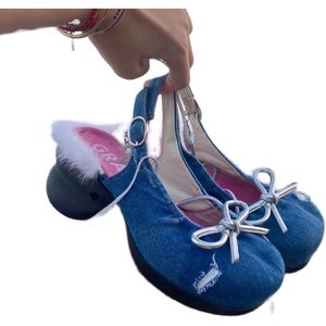 Womens Retro Denim Jeans Bont Bowtie Ronde Mid Heel Teen Pumps Sandalen Slingbacks Schoenen Mary Janes Nieuwe 2022 0227