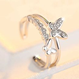 Womens Ringen Crystal Fashion Silver Love Ring Simple Opening Butterfly Finger Tail Lady Cluster Styles Band