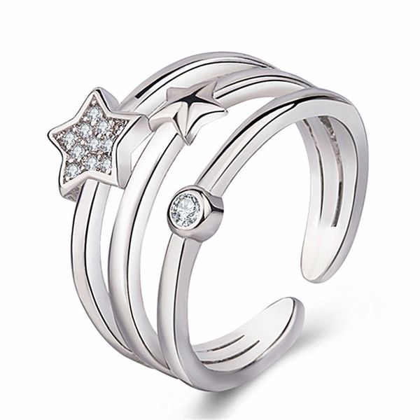 Bagues pour femmes Bague en argent Crystal Jewelry Time, étoile féminine incrustée de zircons ouverture créative Star Story Cluster pour les styles de bande féminine