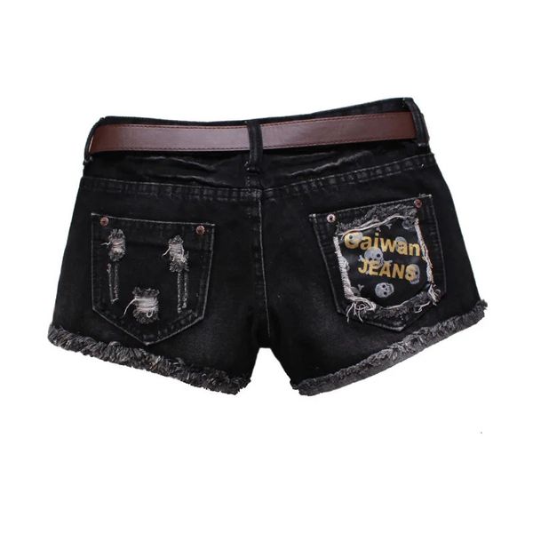Pantalones cortos vaqueros rasgados para mujer, minipantalones vaqueros con estampado de letras negras, borlas de mezclilla de verano, cintura baja, 240323