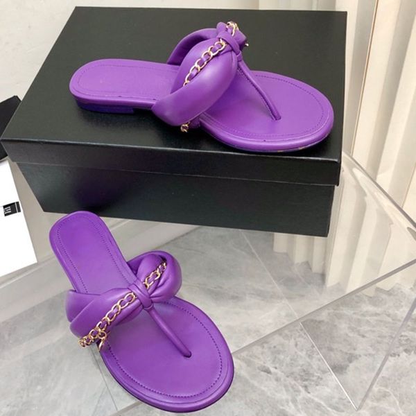 Sandales à bout rond pour femmes, pantoufles à talons plats, tongs avec chaîne, tongs en plein air, chaussures de plage décontractées, violet, grande taille 40, mules à enfiler, été, mariage